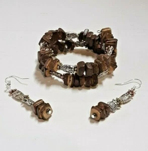 Handmade Beaded Bracelet and Earring Set Owl Brown Wood Metal Boho - Picture 1 of 4