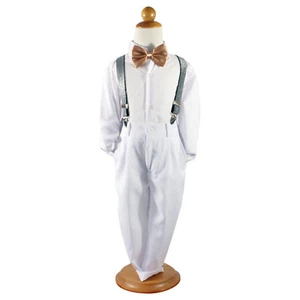 Baby page Boys 4pcs Formal Wedding smart suit white pant+Shirt+Bowtie+brace - Picture 1 of 18