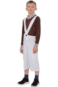 Kids Chocolate Factory Worker Costume Overalls Brown Shirt Umpa Lumpa Dress Up - Picture 1 of 6
