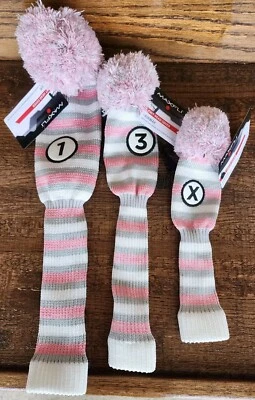 Capas de cabeça de taco de golfe Maxfli 1, 3 e híbrido aparência vintage malha rosa cinza branco pom - Imagem 1 de 4