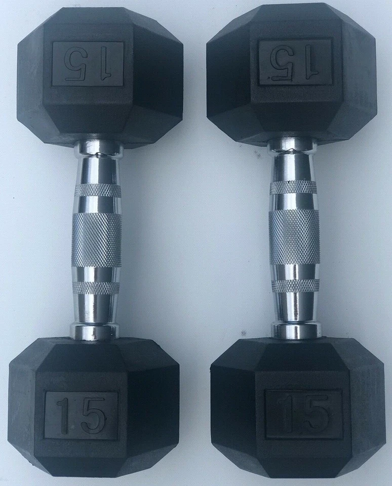 NUEVO PAR DE PESAS HEXAGONALES RECUBIERTAS DE GOMA 15 LB PARA GIMNASIO COMERCIAL Foto 1 de 1