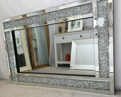 Crushed Diamond Crystal Jewel Glass Silver Frame Bevelled Wall Mirror 120x80cm - Image 1 of 4