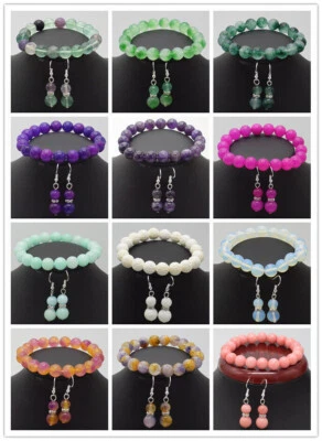Echt 6/8/10/12mm Mehrfarbig Rund Edelstein Perlen Armband Ohrringe Schmuck Set - Bild 1 von 4