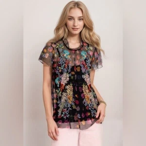 Johnny Was | Women's Floral Boho Embroidered Rheia Mesh Blouse Size XL NWT - Picture 1 of 12