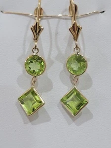 14K Yellow Gold Earrings With Genuine Peridot With Leverback - Picture 1 of 7