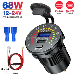 12V LED Voltmeter Power Outlet QC 3.0+PD Dual USB Socket Charger For Car Boat RV - Photo 1 sur 18