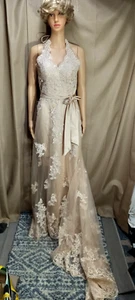 IZILADY Size 4 Beige  Halter A-Line Embroidered Lace Attached Train Wedding Gown - Picture 1 of 14