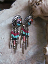 Vintage Quoc Turquoise Q.T. 925 Sterling Silver Concho Long Stud Earrings 5.3g