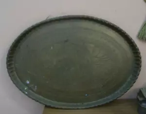 Antico vassoio da tavolo ovale 18" x 26" ottone etnico marocchino inciso fatto a mano moresco - Foto 1 di 10