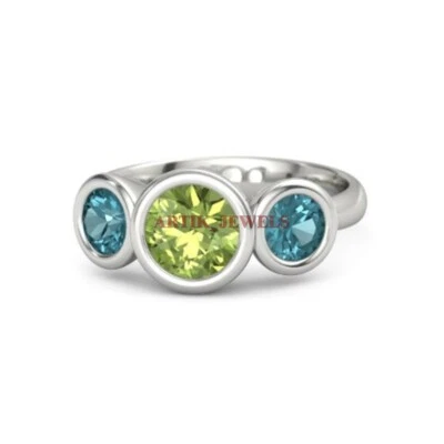 Naturale Peridoto & London Topazio Blu Con 925 Argento Sterling Donna Ring #4448 - Immagine 1 di 4