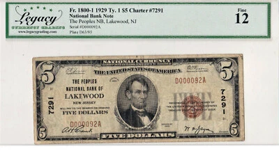 $5 1929 T1 National LAKEWOOD New Jersey NJ "Mega Rare" ((Only 3 on Census)) - Image 1 of 2