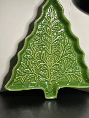 Hallmark Green Embossed Stoneware Christmas Tree Serving Dish Size 10 1/2" X 9" - Image 1 of 4