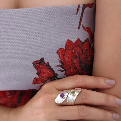 Amethyst and Peridot Ring Sterling 925 Silver Hammered Overlap Wide Spiral - Image 1 of 4