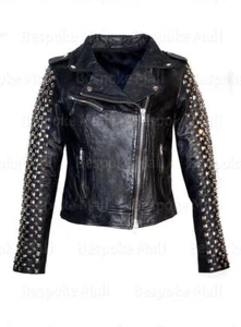 Neu Damen schwarz silber mit Nieten auf Ärmeln Punk Brando Stil Lederjacke-138 - Bild 1 von 4
