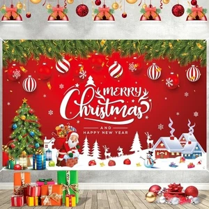 Red Happy Christmas Photography Backdrop Home Party Decor - Picture 1 of 18