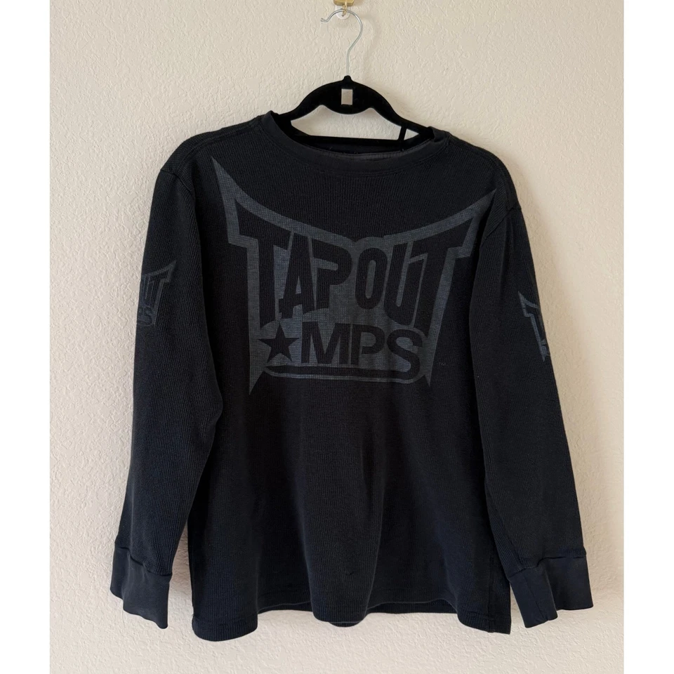 复古 Tapout MPS MMA Elite 华夫格针织长袖保暖黑色衬衫尺寸 LG — 第 1/4 张图片