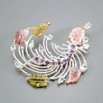 Broche de turmalina natural hecho a mano de 12 quilates + plata de ley 925/NB28608 Foto 1 de 4