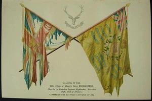  Flaggen / Farben des 72. Duke Of Albany's Highlanders um 1885 handkolorierter Druck - Bild 1 von 1