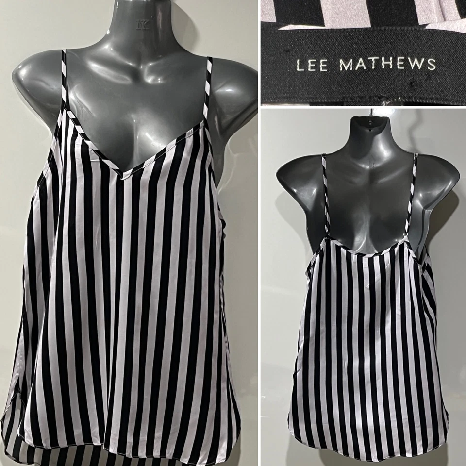 Lee Mathews Australia Negro/Gris Pálido Seda Satén Camisola, Tank, Top 2/S Foto 1 de 4