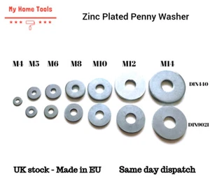 Bright Zinc Plated Penny Washers for bolts and screws M4 M5 M6 M8 M10 M12 M14 - Picture 1 of 2