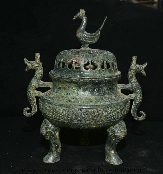 10.8" China Antiguo Bronce Vajilla Dinastía Dragón Bestia Tapas Quemador Incienso Censario Foto 1 de 4