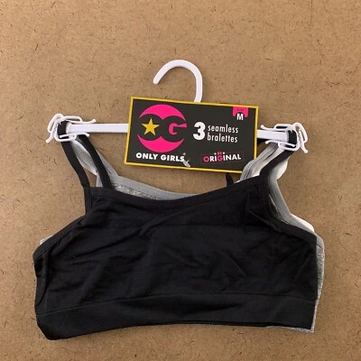 Paquete de 3 sujetadores pulóver sin costuras solo para niñas talla mediana (7/8) negro blanco gris nuevos con etiquetas Foto 1 de 4