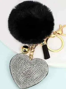 Heart Rhinestone Charm Tassel Pom Pom Crystal Heart Keychain - Picture 1 of 6