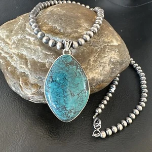 Men Women Navajo Sterling Silver Blue Spiderweb Turquoise Necklace Pendant 16271 - Picture 1 of 12