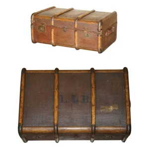 ANTIQUE VICTORIAN LEATHER ELM & CANVAS STEAMER TRUNK CHEST COFFEE TABLE MUST SEE - Picture 1 of 22