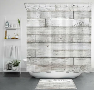Gray Rustic Farmhouse Wooden Wall Shower Curtain For Bathroom Decor w/ Hooks - Picture 1 of 16