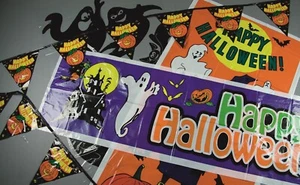 Halloween Decoration 4 Piece Party Kit Tablecloth, Bunting, Door and Window Decs - Picture 1 of 4