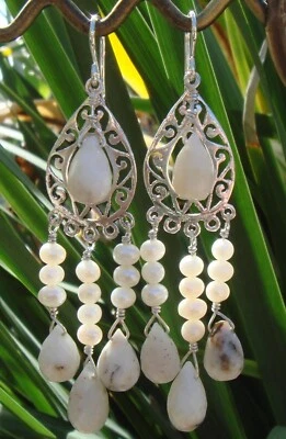 Pendientes araña hechos a mano de ópalo dendrítico y perlas de plata de ley Foto 1 de 4