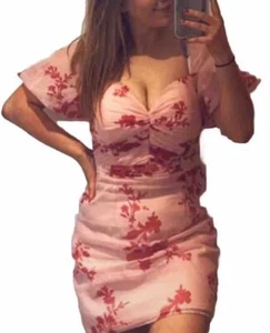 Lipsy Sexy Floral Pink Bardot Dress Size 14 Summer Puff Sleeve Occasion Party - Picture 1 of 15