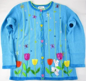 NEW The Quacker Factory Embellished Spring Easter Aqua Cardigan Sweater, M - Picture 1 of 9