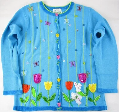 NEW The Quacker Factory Embellished Spring Easter Aqua Cardigan Sweater, M - Image 1 of 4