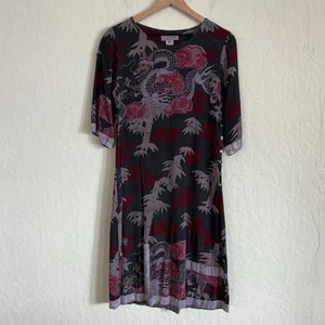 Zitronenfarbenes kurzärmliges Midikleid Santa Monica asiatischer Drachenmuster Small grau rot - Bild 1 von 6