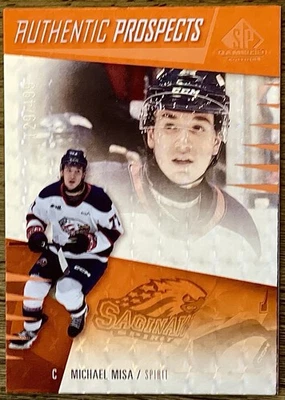 Michael Misa Rookie 2023 SP Game Used CHL Orange Patterned Foilboard /499 #1 RC - Image 1 of 2