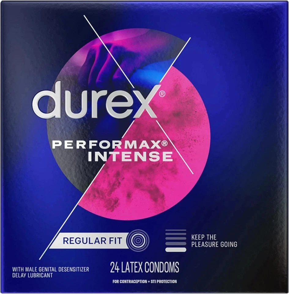Condones Durex Performax Intensos Punteados con Retardo Lubricante Goma Condones 24 Ct Foto 1 de 4