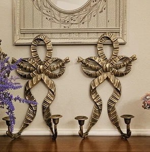 Vintage Korean Brass Ribbon Wall Candle Holders – Set of 2, 16.5” Hanging Sconce - Picture 1 of 7