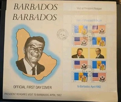 2 Barbados 1982 Ronald Reagan Visit Flags sheets on FDC. Black & Blue Titles. - Image 1 of 4
