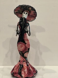 NEW Catrina 14" Day Of The Dead Black Laced/Pink ~Skeleton Figurine Import Mache - Picture 1 of 14