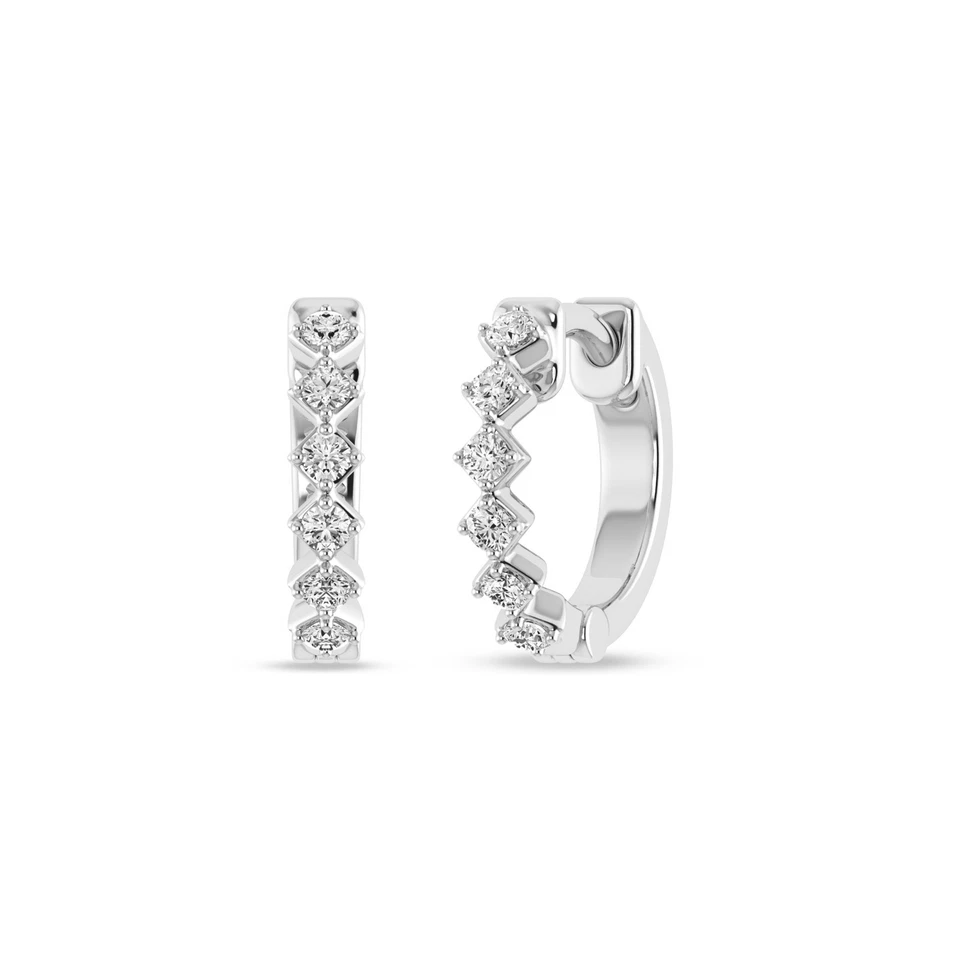 钻石环状耳环 0.060 克拉天然钻石小号 Huggie Hoops 925 银 — 第 1/4 张图片