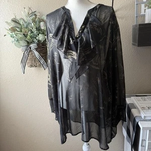 Avenue Damen Plus transparente schwarze Bluse mit goldenen Details & Rüschen vorne 26/28W - Bild 1 von 9