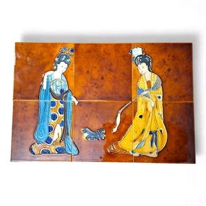 Set of 6 RARE Vintage Chinese Geisha Pekingese Art Tile Ceramic Mosaic 6x6" - Picture 1 of 11