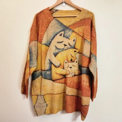 Gato Dama Gatos Familia Suéter Estampado Completo Talla XL Beige Algodón Mezcla Lana Suave Foto 1 de 4