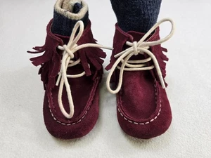 Monkey Feet Toddler 3 Tiered Fringe Moccasin Boots Shoes 2-3Y  Maroon Suede - Picture 1 of 6
