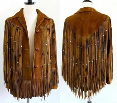 Women's Suede Leather Coat - Vintage Western Style with Handmade Fringe & Beads - Image 1 of 2