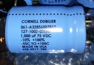 Cornell Dubilier- 1000uF, 75V, -10 to 100%, -55 to 105C Capacitor - Picture 1 of 2