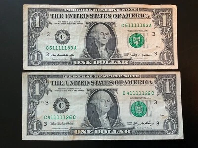 2006 and 2009 $1 DOLLAR BILL PAIR C41111126C C61111183A - Image 1 of 4