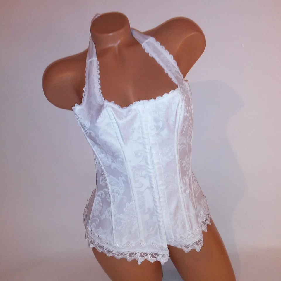Fredericks of Hollywood Lingerie Bustier Corset 34 Small White Halter Lace Up - Image 1 of 4